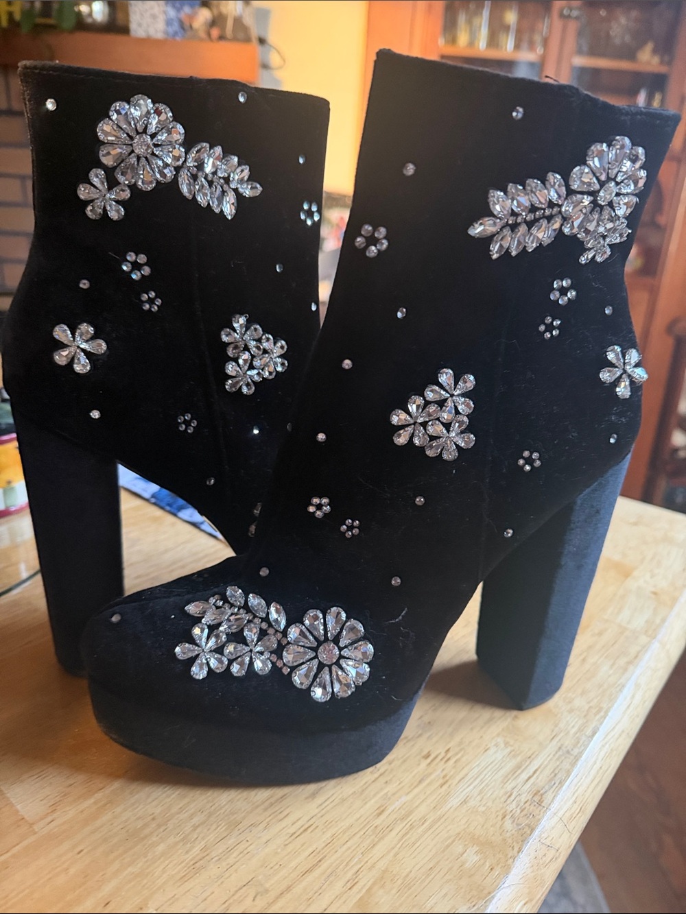 Express Black Velvet Crystal Floral Platform Ankle Boots